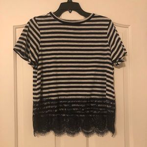Gray and Blue Striped Top with Lace